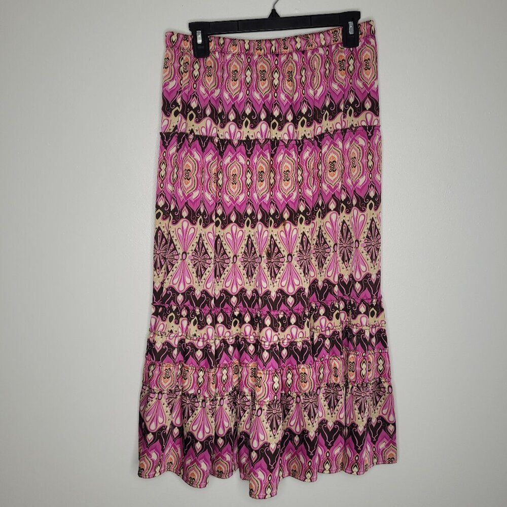 Vintage y2k pink brown boho print hippie celestial midi maxi bright skirt medium